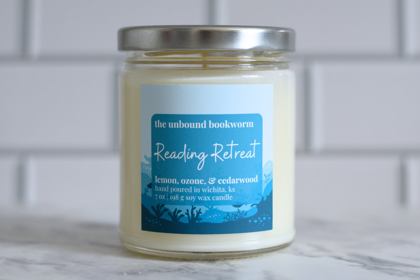 Literary-themed candle titled "Reading Retreat"