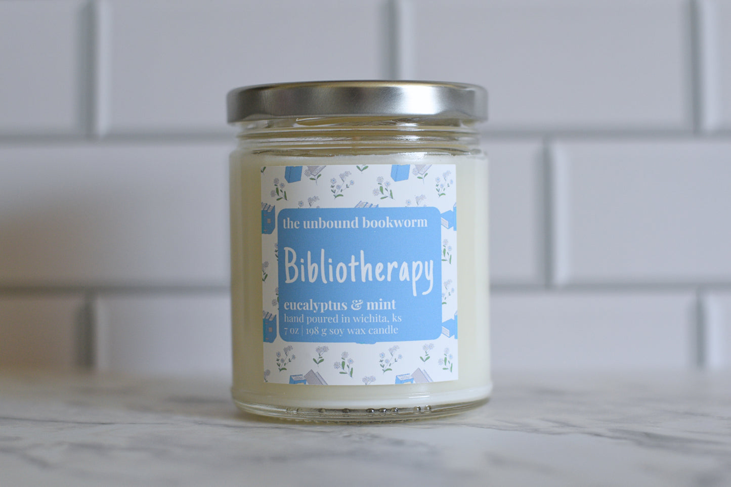 Bookish-Themed, Eucalyptus and Mint Scented Candle Titled Bibliotherapy