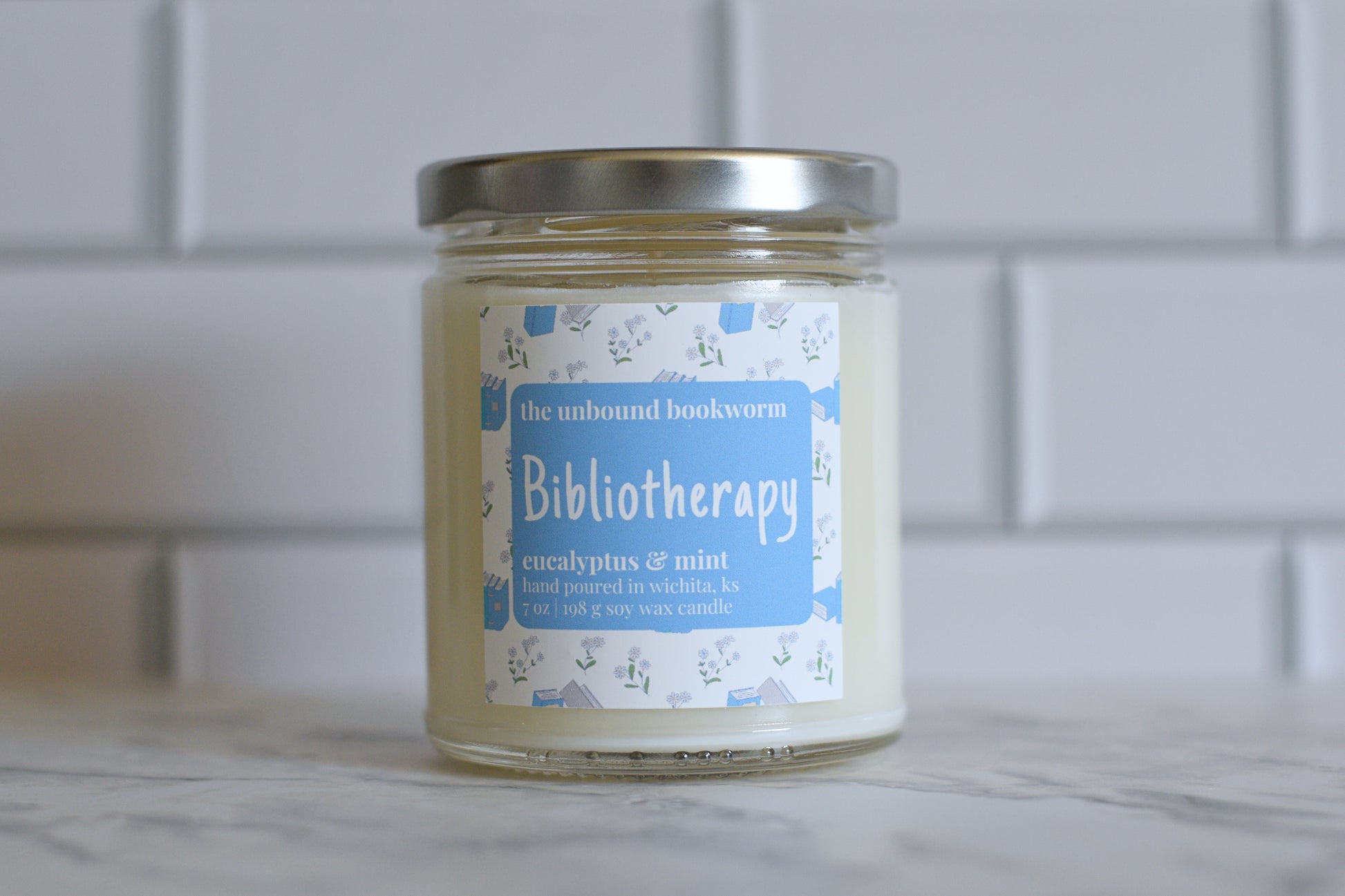 Bookish-Themed, Eucalyptus and Mint Scented Candle Titled Bibliotherapy