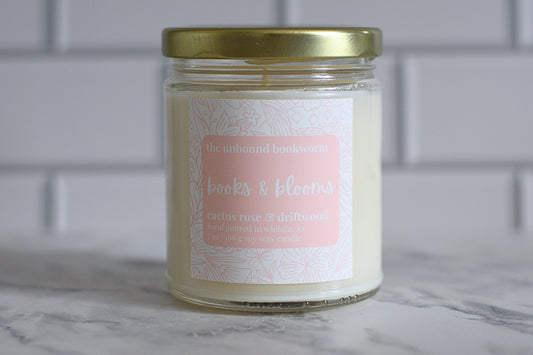 Cactus rose scented bookish candle titled "Books & Blooms"