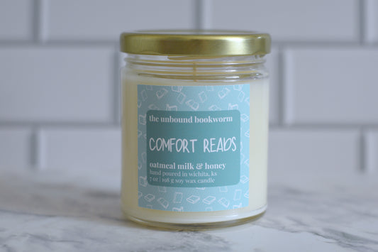 Oatmeal Milk & Honey Scented Bookish Candle Titled "Comfort Reads"