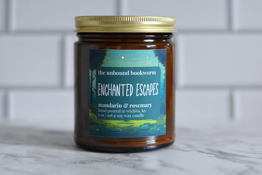 Mandarin & Rosemary Scented Bookish Candle Titled "Enchanted Escapes"
