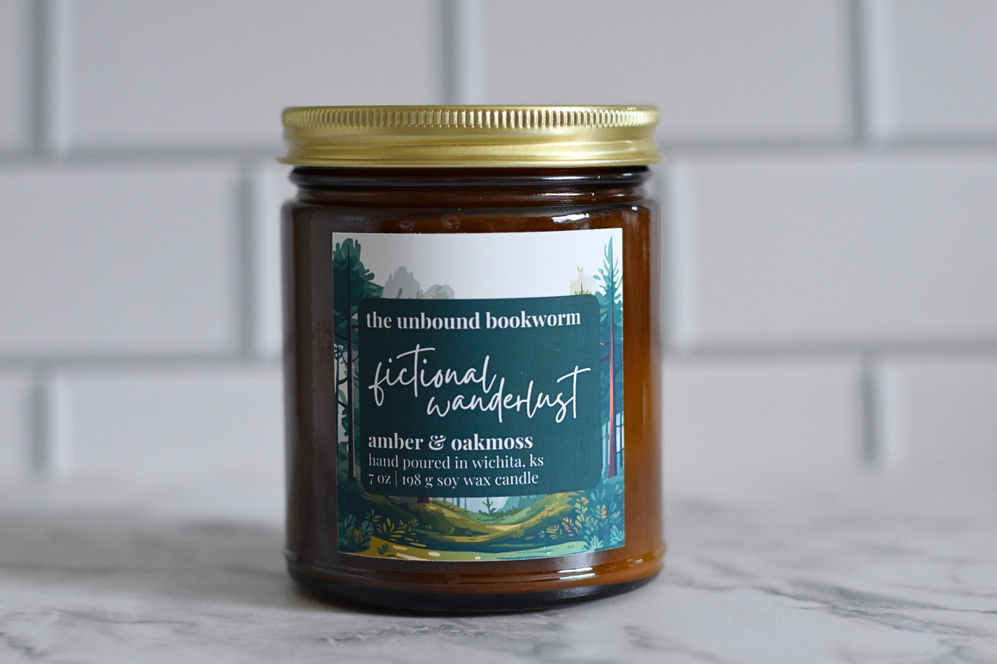 Amber & Oakmoss Scented Bookish Candle Titled "Fictional Wanderlust"