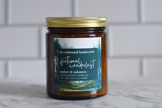 Amber & Oakmoss Scented Bookish Candle Titled "Fictional Wanderlust"