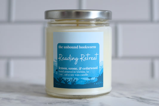Literary-themed candle titled "Reading Retreat"